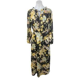 NEW H&M Black Multicolor Floral Ruffle Tassel V-neck Long Sleeve Maxi Dress Sz 2